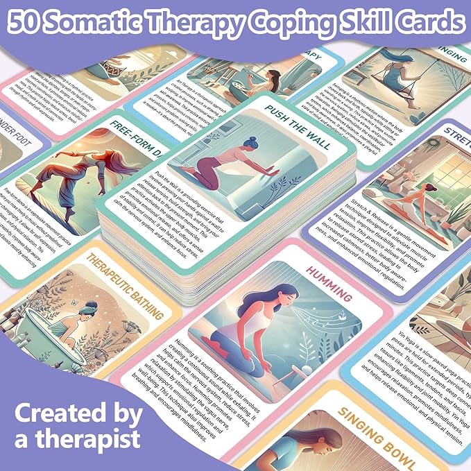 Somatic Therapy Coping Skill Cards for Nervous System Regulation, 50 Somatic Psychotherapy Exercises Cards for Trauma Healing, Emotional Regulation Self Care Anxiety Stress Relief Cards