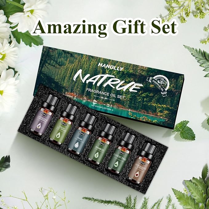 Essential Oils Set, Nature Scents Fragrance Oil Aromatherapy Essential Oils Kit for Diffuser (6x10ML) Sandalwood &Rose, Bamboo, Rain, Lavender &Chamomile, Fresh Cut Grass, Forest Pine Oil