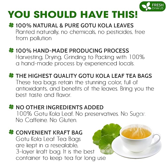 FreshDrinkUS, Premium Gotu Kola Leaf Tea β 75 Tea Bags | Pure Dried Centella Asiatica Leaves | Naturally Caffeine-Free Herbal Tea | Refreshing Aroma & Smooth Taste | Premium Herbal Infusion. Vegan
