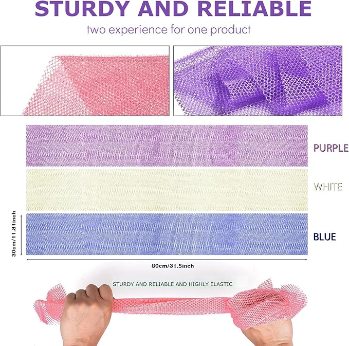 UJFQBH 3 Pieces African Bath Sponge African Net Long Net Bath Sponge Exfoliating Shower Body Scrubber Back Scrubber Skin Smoother,Great for Daily Use (Purple,Blue,Off-White)