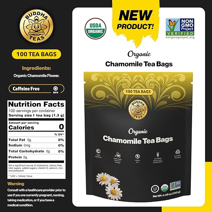 Buddha Teas - Organic Chamomile Tea Bags - For Health & Wellbeing - With Antioxidants & Minerals - Clean Ingredients - Caffeine Free - OU Kosher & Non-GMO - 100 Non-String Tea Bags (Pack of 1)
