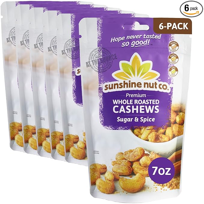 Sunshine Nut Company Whole Roasted Lightly Salted Cashews, Sugar and Spice Flavor, 6 Pack, 7 oz. Each, Gluten Free, Peanut Free and Vegan Individual Snack Packs for Kids and Adults, GMO Free
