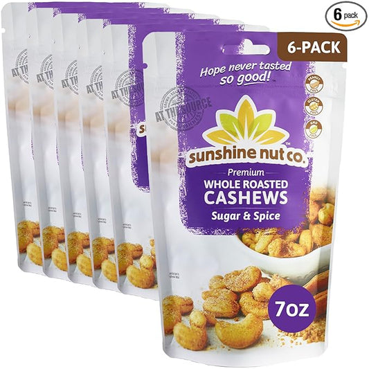 Sunshine Nut Company Whole Roasted Lightly Salted Cashews, Sugar and Spice Flavor, 6 Pack, 7 oz. Each, Gluten Free, Peanut Free and Vegan Individual Snack Packs for Kids and Adults, GMO Free