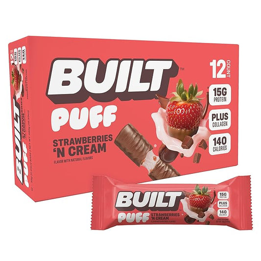 Built Bar, Puff Protein Bars, Strawberries 'N Cream Puff, 15g Protein Snacks, On-The-Go Bars, Only 140 Calories, 8g Sugar, Collagen, Gluten Free, 12 Count