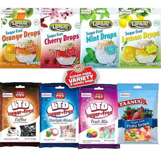 DOUzzle Sugar Free Hard Candy Drops Variety Pack, Orange, Cherry, Lemon, Coffee, Mints, Stalight Mints, Fruit Mix (3 Pack) Individually Wrapped - Healthy Low Calorie Snack - Kosher Parve