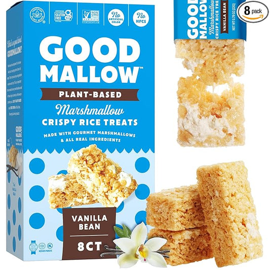 GoodMallow Vegan Rice Crispy Treats Individually Wrapped Box of 8, Kosher Vegan Snacks, Gluten Free Dairy Free Snacks for Kids & Adults - Healthy Sweets Made with Gourmet Marshmallows (Vanilla Bean)
