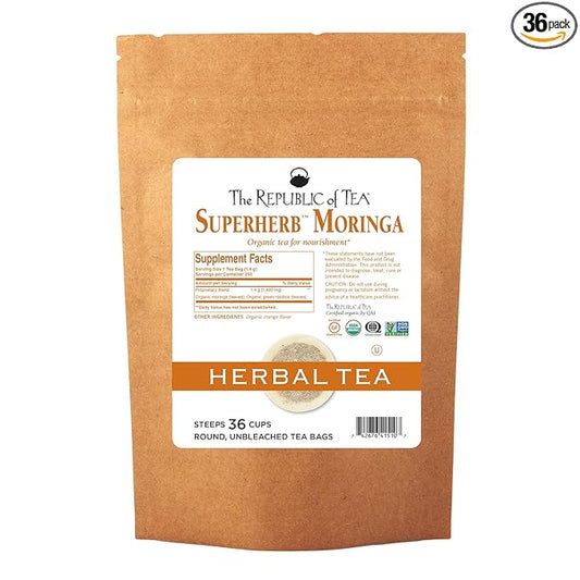 The Republic of Tea — Organic Moringa SuperHerb Tea Refill Bag, 36 Herbal Tea Bags, Naturally Caffeine-Free