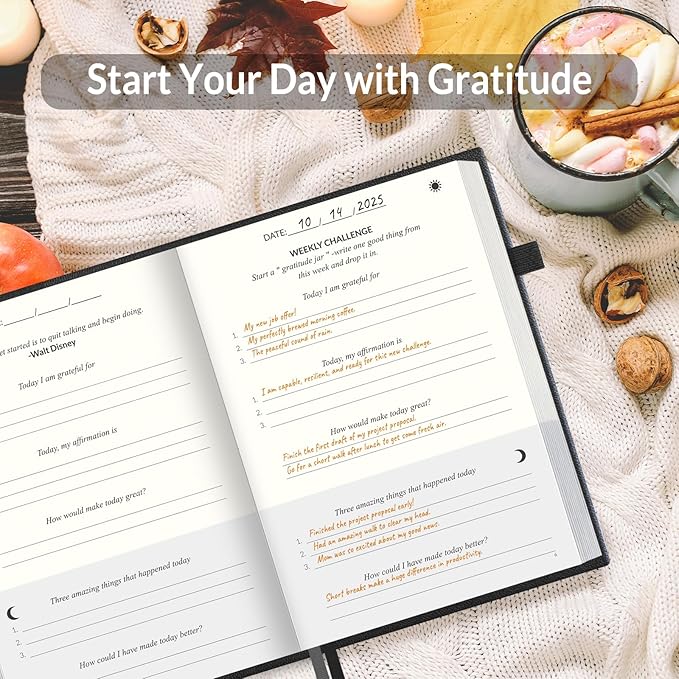 SUNEE Daily Gratitude Journal – Simple 5 Minute Journal for Daily Reflection, Build Positivity and Mindfulness, Undated Minimalist Planner for Women & Men (Black)