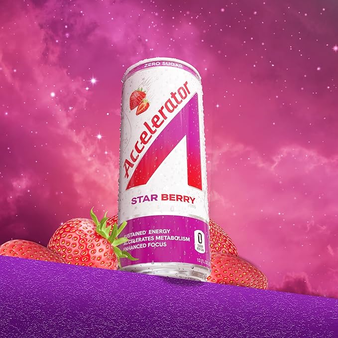 Accelerator Energy Drink Sugar Free, Star Berry 12oz can(12 pack)Zero Sugar Energy Drinks with Sustained Energy from 100% Natural Caffeine (200mg) & Green Tea extract