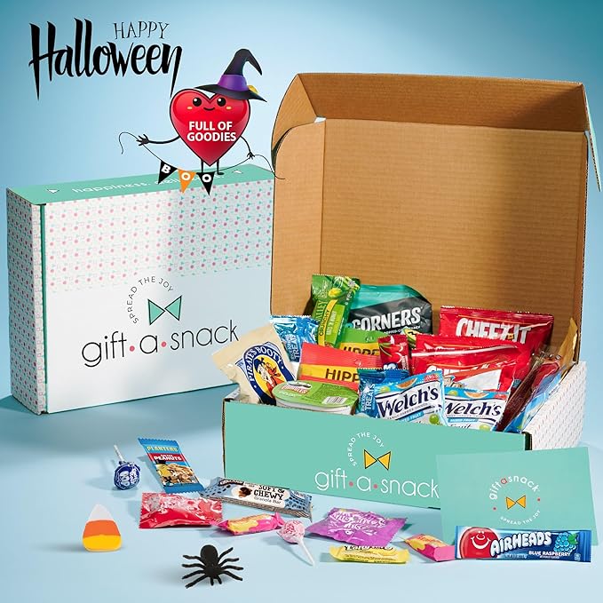 Gift A Snack - Halloween Candies Trick or Treats, Snack Box Care Package + Greeting Card (45 Count) Sweet Treats Gift Basket, Corn Candy Scary Spiders Stuffers Chips - Food Assortments