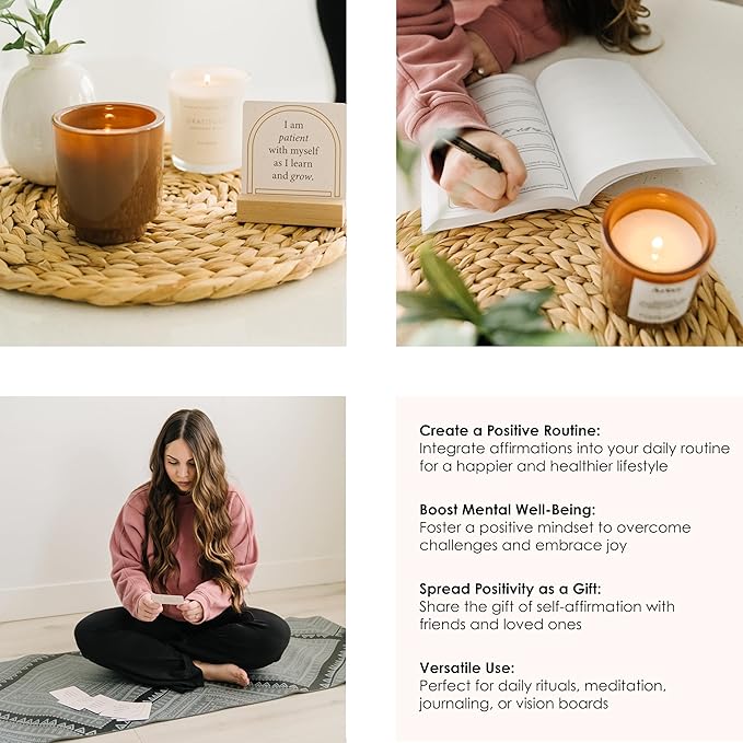 I Am Positive Affirmation Cards | 52 Decor Cards with Wooden Stand | Inspirational Cards with Soothing Colors to Display on Vision Boards | Giftable Affirmations