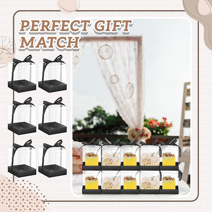 Cunno 36 Set 3.5 x 3.5 x 4.3 in Candle Package Transparent Gift Box 4-18 oz Handmade Tealight Candle Holder Bulk Paper Bottom Ribbon for Wedding Baby Shower Party Mug Cake Wine Glasses(Black)