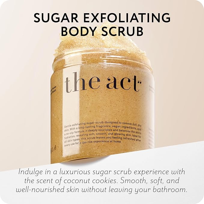 THE ACT Sugar Exfoliating Body Scrub β Natural Body Polish for Smooth Skin β Gentle Skin Care with Shea, Almond, Macadamia, Green Coffee, Vegan β Self Care Gift for Women