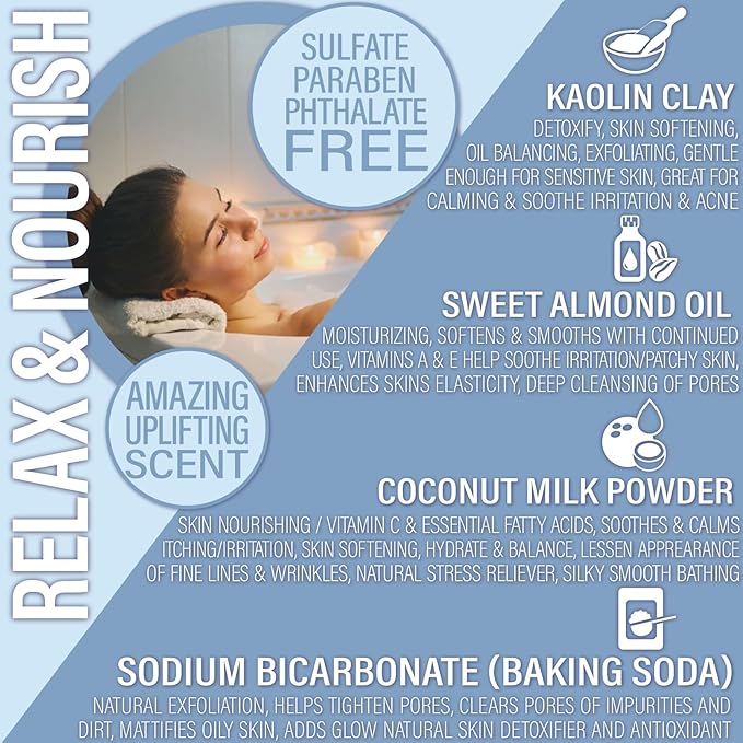 Luxiny Vegan Milk Bath Soak Made with Moisturizing Coconut Milk Powder & Sweet Almond Oil for a Bath Bomb Dust Soothing Fizz & Relaxing Soak, 8 oz. (Blueberry Muffin)