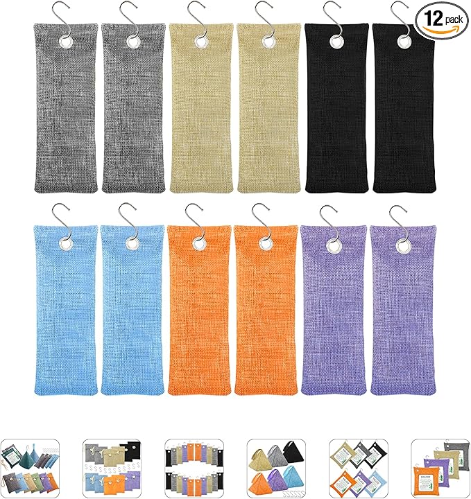 Charcoal Air Purifying Bags 12 Pack×100g Bamboo Charcoal Bags Odor Absorber, for Car Air Fresheners, Odor Eliminator for Home,Shoe Deodorizer - Colorful-Activated Charcoal Odor Absorbers