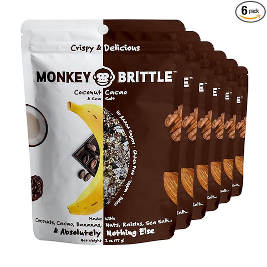Monkey Brittle Healthy Snacks, Crispy Plant-Based Treats for Kids & Adults, Vegan & Gluten-Free, All-Natural Snack for School, Sports, Camping & On-the-Go (Pack of 6), Cacao Coconut