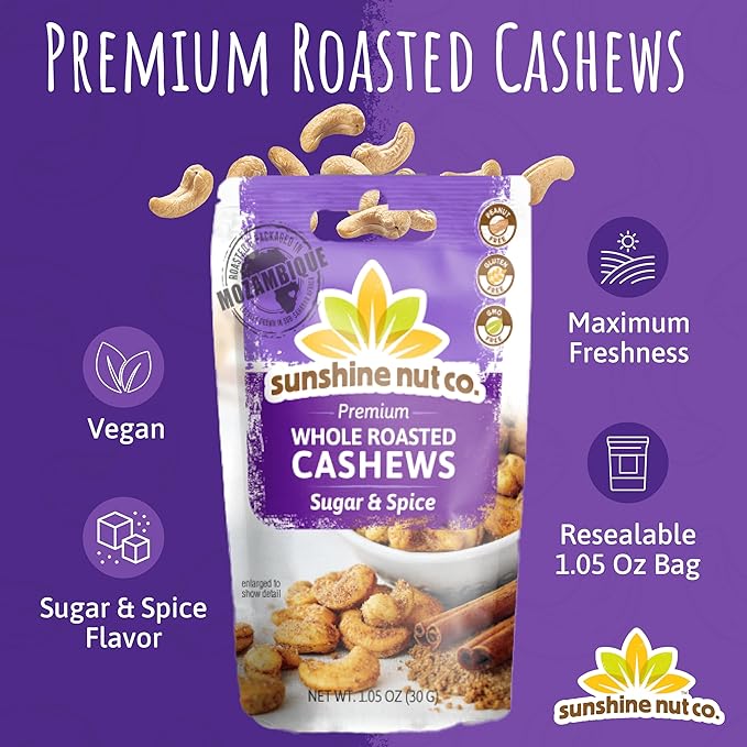 Sunshine Nut Company Whole Roasted Lightly Salted Cashews, Sugar and Spice Flavor, 12-Pack, 1.05 oz. Each, Gluten Free, Peanut Free and Vegan Individual Snack Packs for Kids and Adults, GMO Free