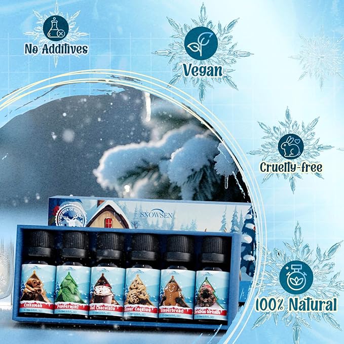 Winter Essential Oil Set, 6x10ml Fragrance Oils for Diffuser & Candle Making - Christmas Wreath, Gingerbread, Sugar Cookies, Hot Chocolate, Peppermint, Cinnamon Aromatherapy Oils for Home