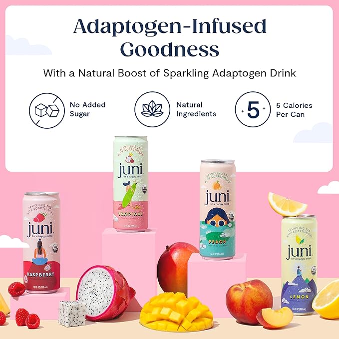 Juni Sparkling Adaptogen Drink with Ashwagandha, Lion’s Mane & Reishi Mushrooms | Green Tea for Focus, Zero Sugar, 10 Calories, Organic | Non Alcoholic Drinks - Lemonade Iced Tea 12 pack