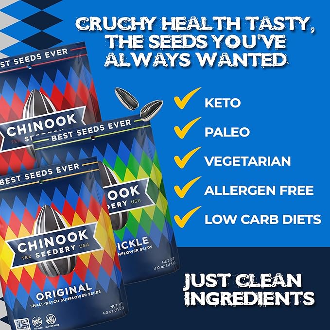 Chinook Seedery Roasted Sunflower Seeds - Jumbo Seeds Keto Snacks - Best For Snack Packs - Gluten Free, Non GMO Snack Food Gifts - 4 Ounce (Pack of 3) - Lawnmower Variety Pack