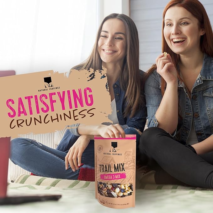 Natural Cravings 22oz Trail Mix Bulk Family Size Bag - Omega 3 Dried Fruit Mix & Assorted Nuts Mix with Dry Cranberries, Peanuts, Raisins & Walnuts - Gourmet Trailmix for School, Office, Outdoor Fun