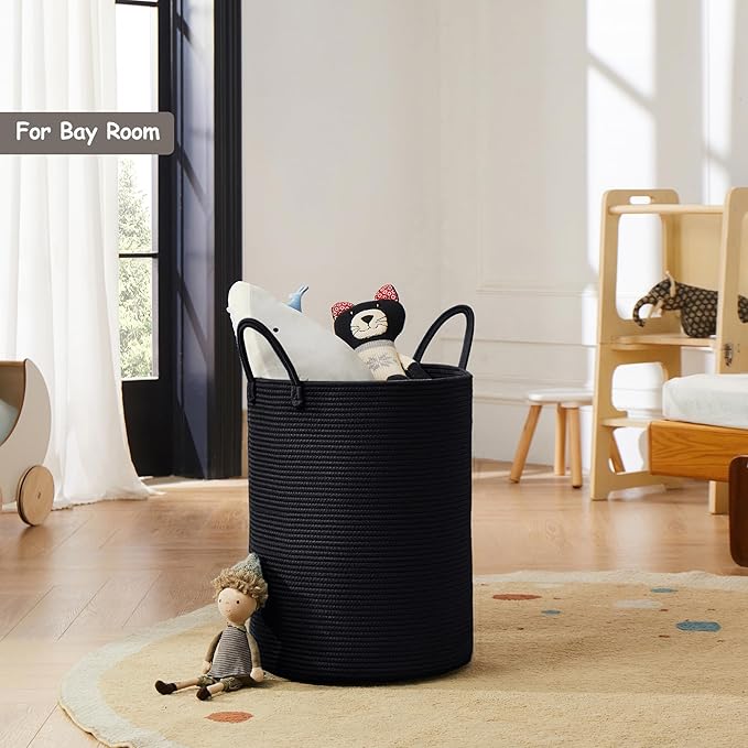 62L Black Woven Rope Hamper Laundry Basket for Clothes Tall Modern Blanket Storage Basket in Living Room Bedroom