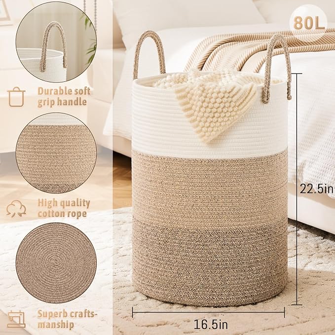 Laundry Basket,Woven Cotton Rope Laundry Hamper,80L for Decorative Storage of Dirty Clothes,Toys and Blankets in Bathroom,Bedroom and Living Room