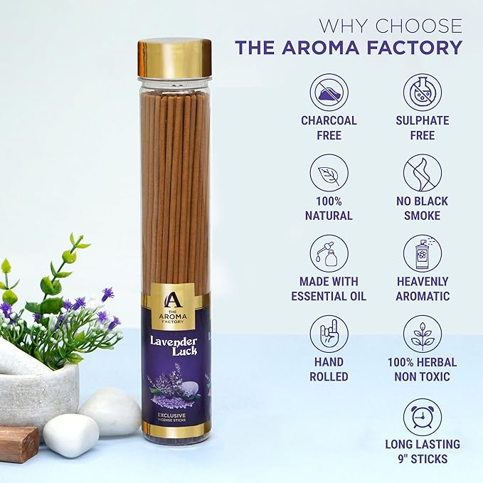 The Aroma Factory Lavender Agarbatti for Pooja, Luxury Incense Sticks, Low Smoke and Zero Charcoal, Meditation (Bottle Pack of 1, 100G) 4 Cm X 4 Cm X 26 Cm Multicolour