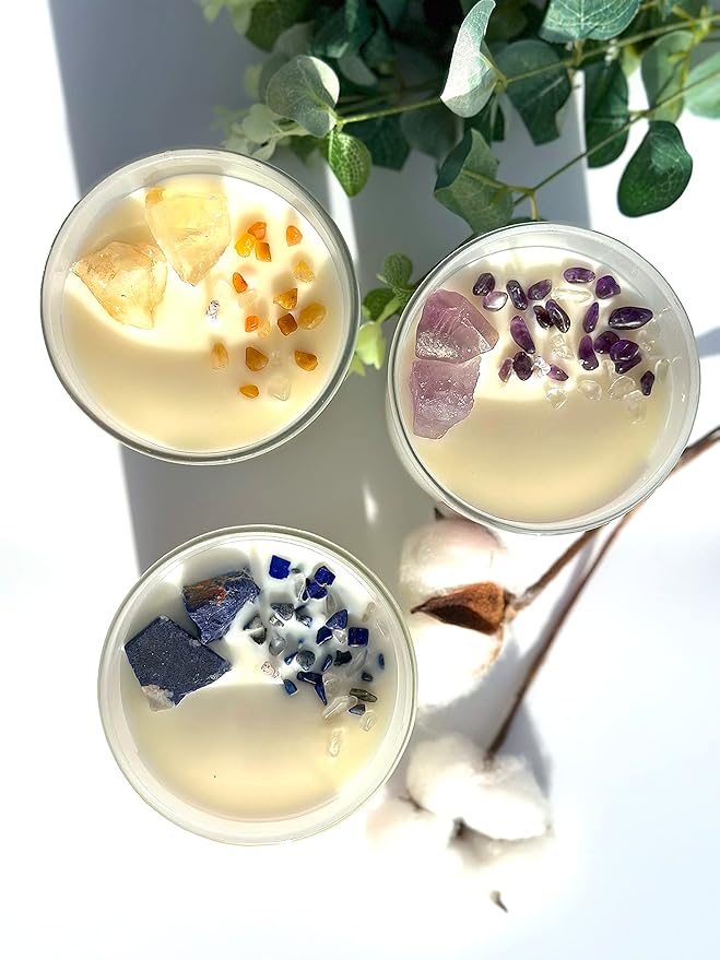 Healing Crystal Candle, Scented Candle Infused Amethyst and Clear Quartz Crystals, English Pear&Freesia Scented,Positivity Energy Wellness, Gift for Women Aromatherapy Clean Vegan 10Oz Jar