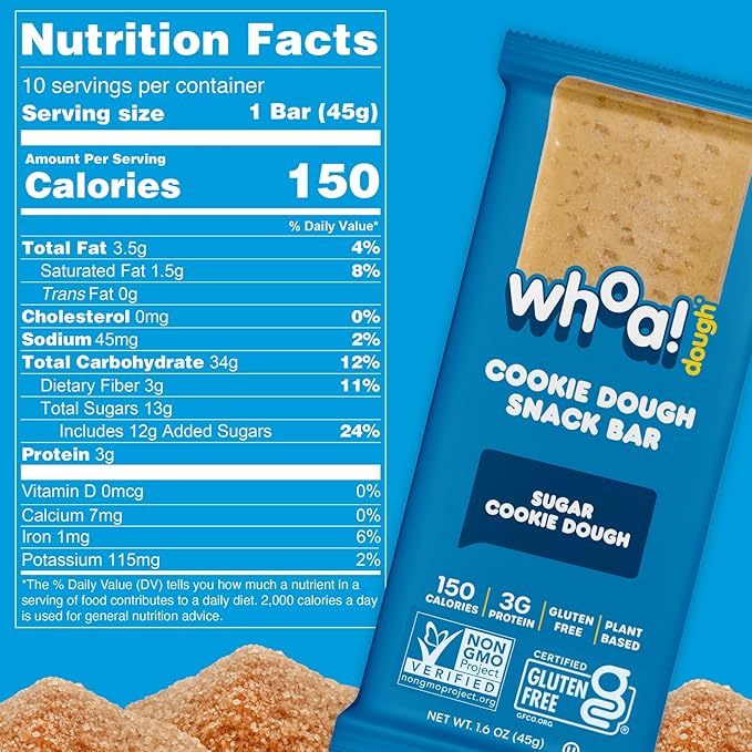Whoa Dough Edible Cookie Dough Bars- Certified Non-GMO, Kosher and Gluten Free Bars - Healthy Snack Foods - Plant Based Snacks Made With Real Ingredients - Sugar Cookie Dough - 10 Pack