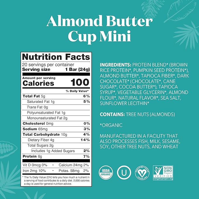ALOHA Organic Plant Based Protein Bar MINIS | Almond Butter Cup | 20 Count, 24g Bars | Vegan, Low Sugar, Gluten Free, Low Carb, Non-GMO, Stevia Free, Soy Free, No Sugar Alcohols