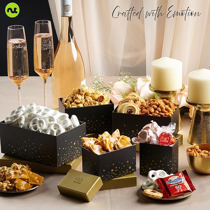 NUT CRAVINGS - Diwali Sweets Hamper Chocolate Covered Pretzels & Caramel Popcorn Gift Basket, in Black Tower + Ribbon (8 Assortments) Food Arrangement Healthy Snack Care Package