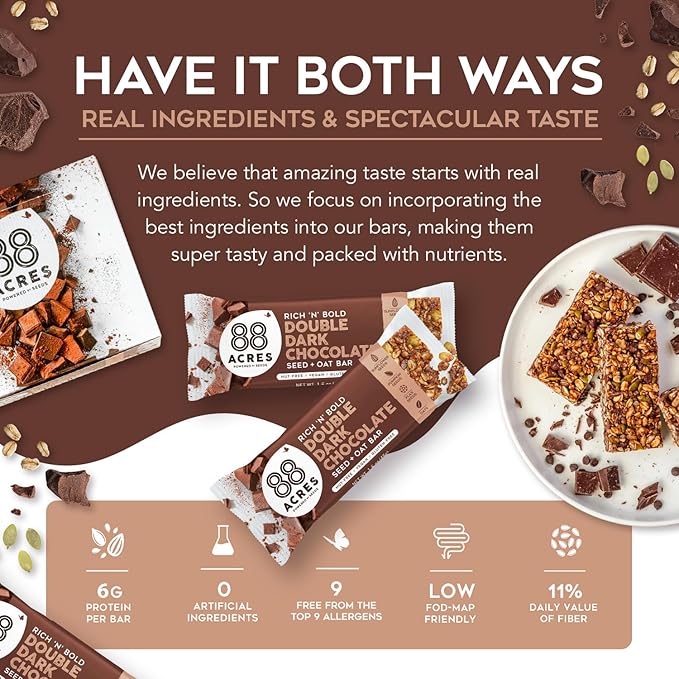 88 Acres Granola Bars | Double Dark Chocolate | Gluten Free, Nut-Free Oat and Seed Snack Bar | Vegan & Non GMO | 12 Pack
