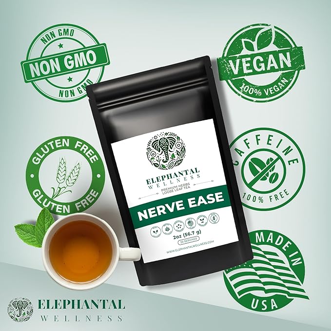 Elephantal Wellness Nerve Ease Herbal Tea | Calming Nervous System Support with Chamomile Tea, Passionflower, Lemon Balm Tea, Valerian & St. John’s Wort | Loose Leaf, Caffeine-Free, 2oz, 20 Servings