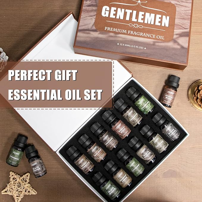 SALUBRITO Gentlement Fragrance Oils Set, Wood Essential Oils Set for Diffuser, Candle, Soap Making, Strong Scented Oil, Sandalwood, Frankincense and More