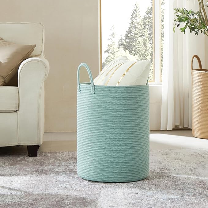 15Dx20H inches Tall Green Hamper Cotton Rope Laundry Basket Woven Hamper for Clothes Blanket Storage in Bedroom Livng Room for Baby Nursery Kids Toys Organize 60L Capacity