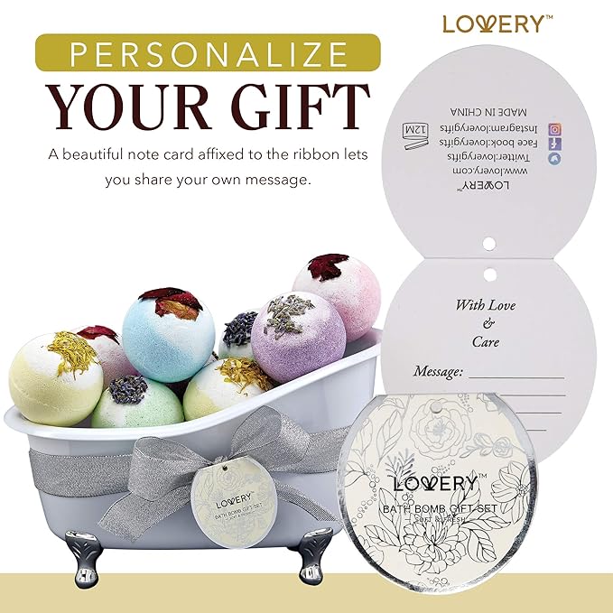 Bath Bomb Self Care Gifts for Women, White Elephant Gifts for Adults,10 Oversized Two Tone Bath Fizzies with Shea & Coco Butter Dry Flower Petals, Rich, Spa Bath Set in Cute Tub