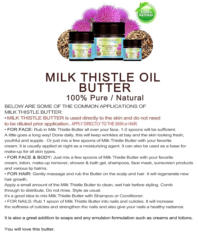 Botanical Beauty MILK THISTLE OIL BUTTER Silybum marianum 100% Natural for FACE, SKIN, BODY, HAIR, NAILS, Foot Care. Foot Oil butter, Skin Moisturizer (4 Fl Oz)