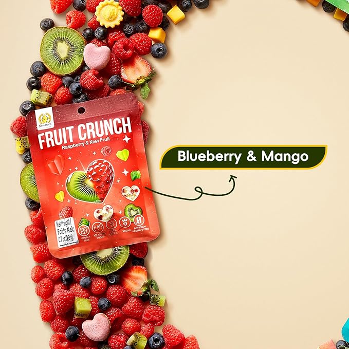 SUNGIVEN Freeze Dried Fruit Crisps Crunch Raspberry & Kiwi 6 Packs Gluten Free Made with Fruit Vegan Healthy Snacks Ready to Eat for Yogurt Dessert