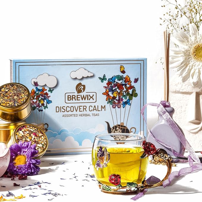 BREWIX, Discover Calm Premium Herbal Tea Christmas Gift Box (3.53oz/50+ Cups) | Tea Gift Sets For Tea Lover | 6 Unique Herbal Teas | Best for Birthdays, Anniversaries & Holidays