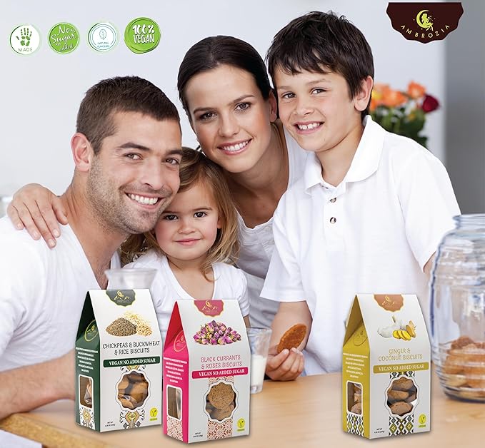 Ambrozia Vegan Snack Biscuits – Chickpeas, Buckwheat & Rice - Soft Baked, No Added Sugar, Clean Label, High Fiber & Wholesome Ingredients, Kid-Friendly, Healthy Snacks for Active Lifestyles, 4.58 Oz