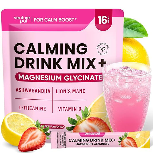 Venture Pal Calming Powdered Drink Mix, Magnesium Glycinate, Ashwagandha, L-Theanine,Vitamin D, Lions Mane, Sugar Free Magnesium Supplement Blend for Relax & Focus, Non GMO, Vegan, On The Go