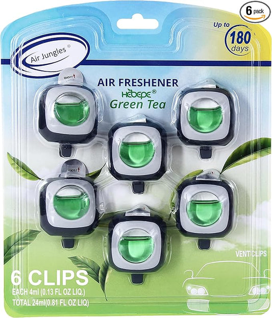 Air Jungles Green Tea Scent Car Air Freshener Clip, 6 Vent Clips, 4ml Each, Long Lasting Air Freshener, Up to 180 Days Car Refresher Odor Eliminator