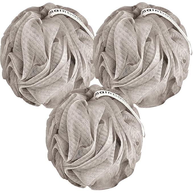 MainBasics Bath Shower Loofah Sponge Pouf Body Scrubber Exfoliator Body Wash Sponge (Set of 3, Totally Taupe)