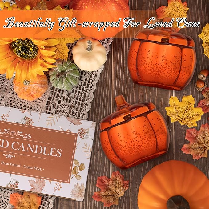 Lanpn Fall Scented Candle Gift Set 2 Pack, 22oz Pumpkin Glass Jar Candles Soy Wax, Thanksgiving Aromatherapy Candle, Autumn Fragrance Table Decor, Orange Votive Candles Holder Tabletop Centerpiece