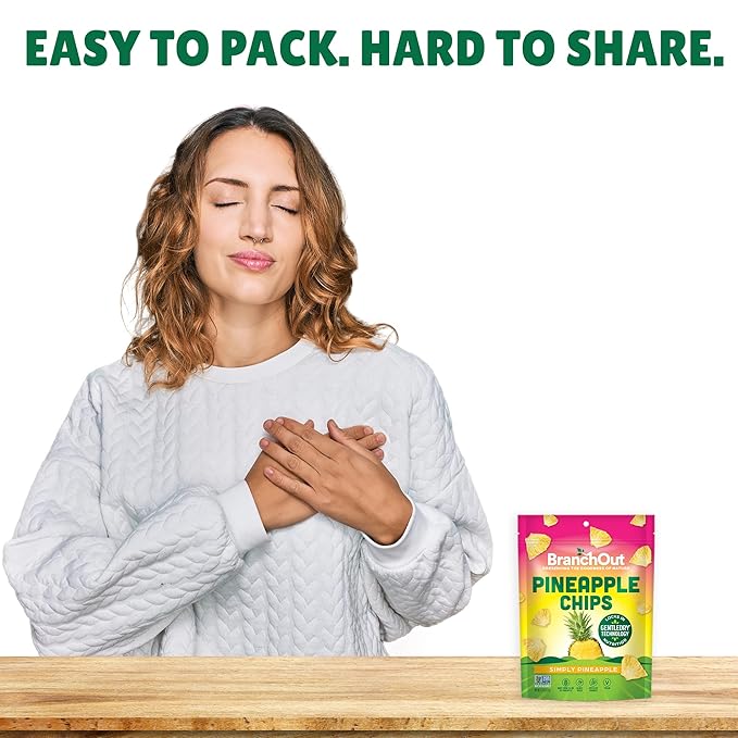BranchOut Pineapple Chips, No Sugar Added, Real Dried Pineapple Chunks, GentleDry, Better than Freeze Dried Pineapple, Healthy Vegan Halloween Fruit Snacks for Kids & Adults, 1.5 oz (Pack of 4)