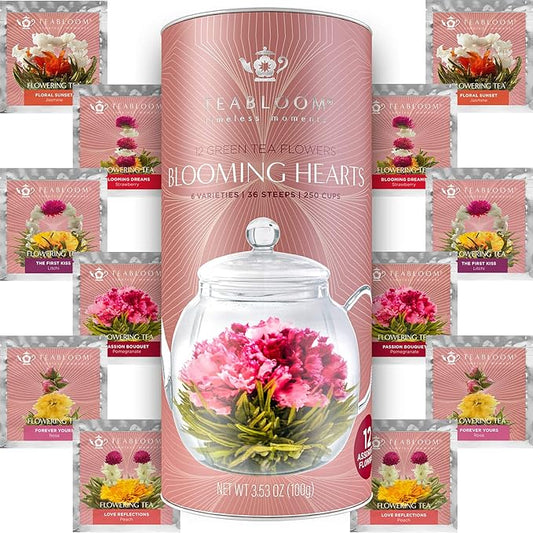 Teabloom Heart-Shaped Flowering Teas – 12 Assorted Blooming Tea Flowers – Green Tea + Jasmine, Pomegranate, Strawberry, Rose, Litchi & Peach