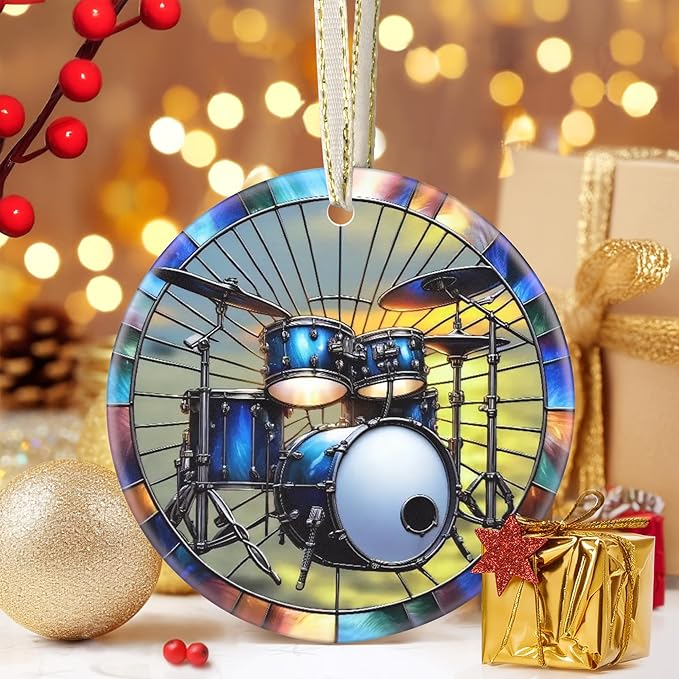 Drum Ceramic Christmas Ornament, 3.5 Inch Hanging Ornament, Drum Set Decor, Christmas Tree Ornaments, Gifts for Holidays