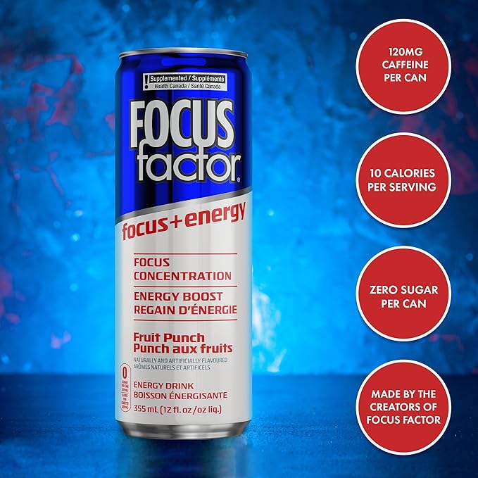 Focus Factor Energy Drink - 12 x 355ml Cans (Fruit Punch Flavour) - with Focus + Energy - Lightly Carbonated, Sugar Free, Low Calorie with Vitamin B6 & Vitamin B12