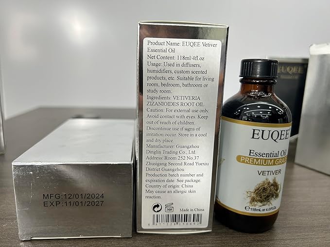 EUQEE Vetiver Essential Oil 4oz/118ML Large Bottle Vetiver Oil Premium Essential Oil for Candle Making, Humidifier, Diffusers - with Glass Dropper